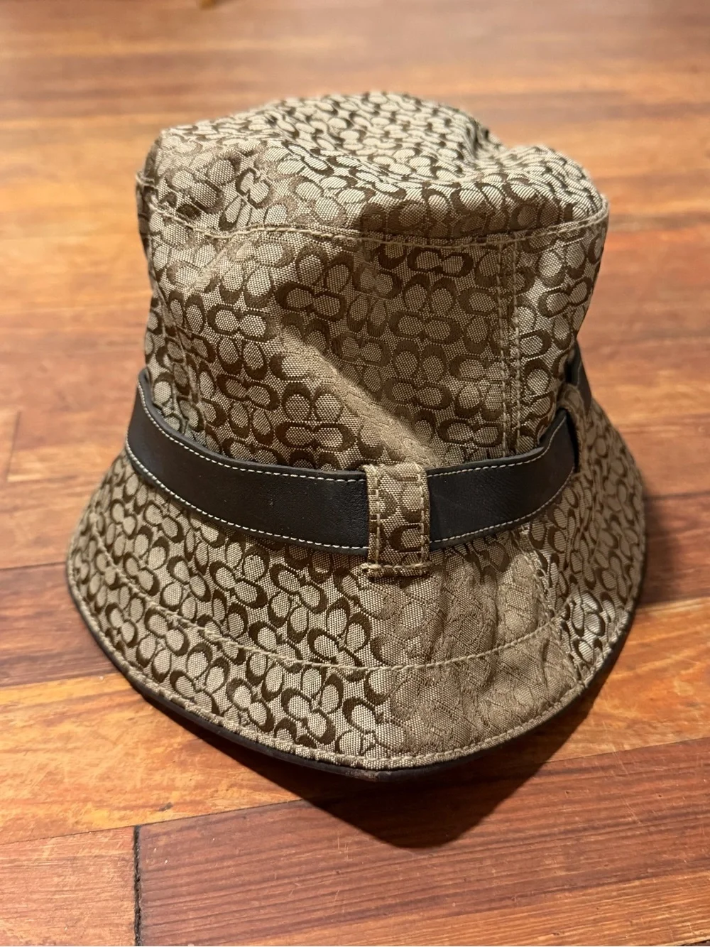 Coach Signature Monogram Brown Bucket Hat with Dark Brown Buckle Band